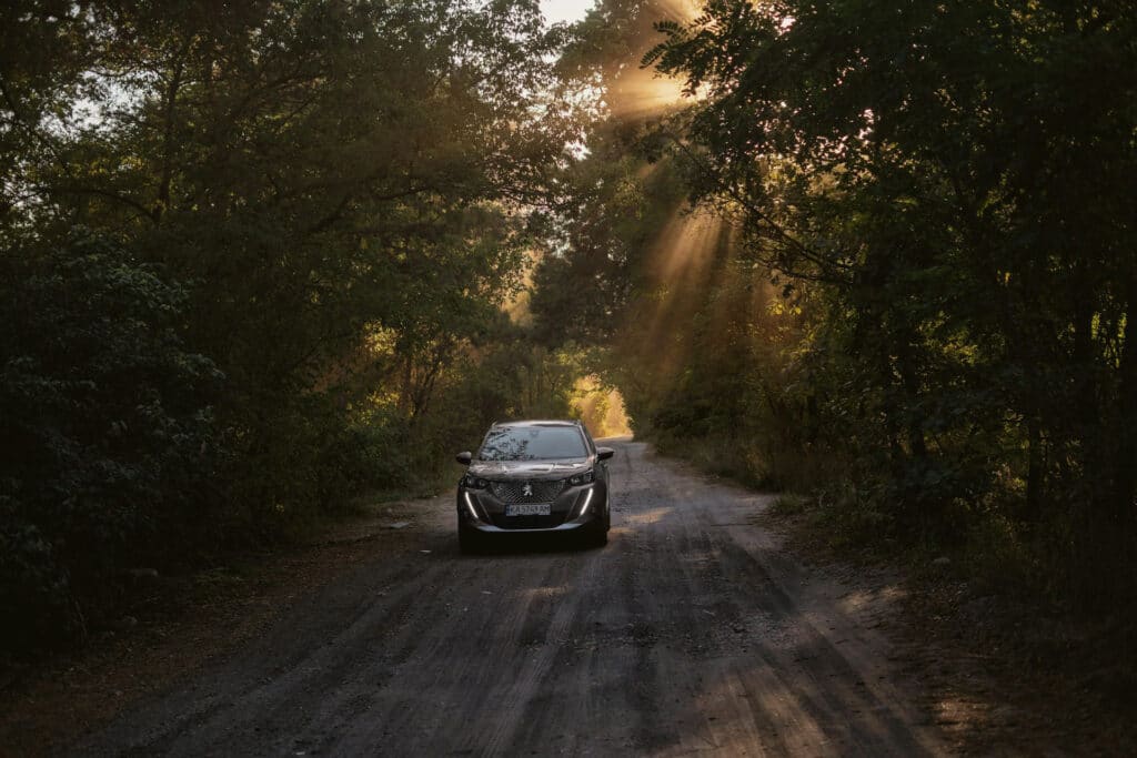 Peugeot e2008 eco-responsable roulant dans la nature en foret vue de face